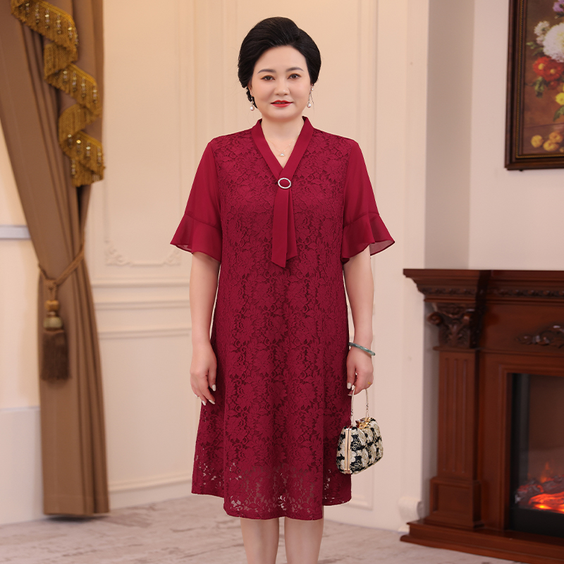 喜婆婆婚宴遮肚连衣裙高贵妈妈装酒红色蕾丝结婚礼服夏季WL22116