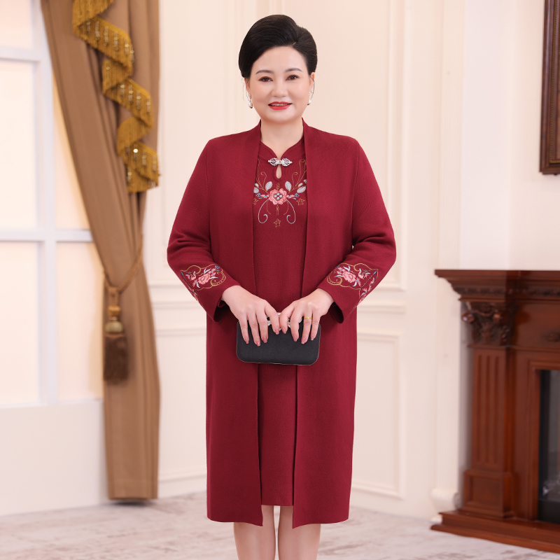 喜妈妈礼服2024新款毛衣连衣裙中老年妈妈国风两件套裙女WM24716