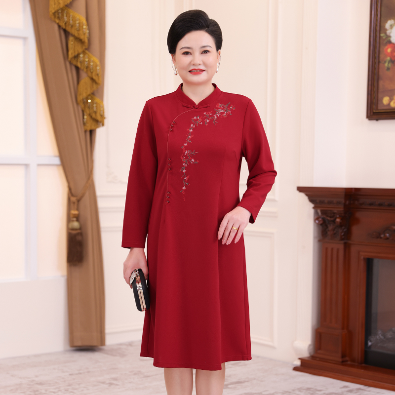 中老年妈妈新中式盘扣旗袍领连衣裙参加婚礼可穿礼服裙女WL23549