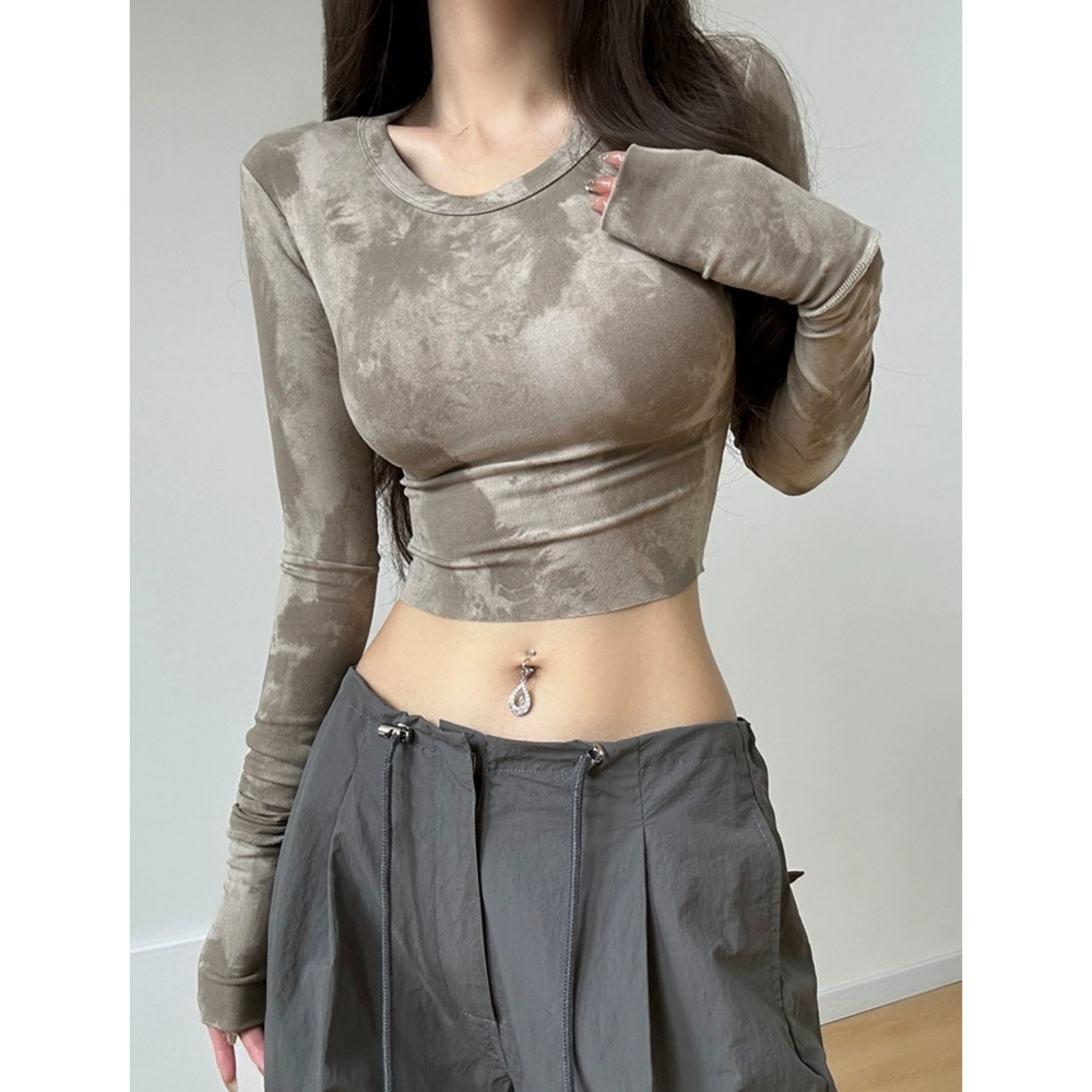美式性感复古扎染运动紧身女修身长袖辣妹露脐瑜伽秋冬ins显瘦ins