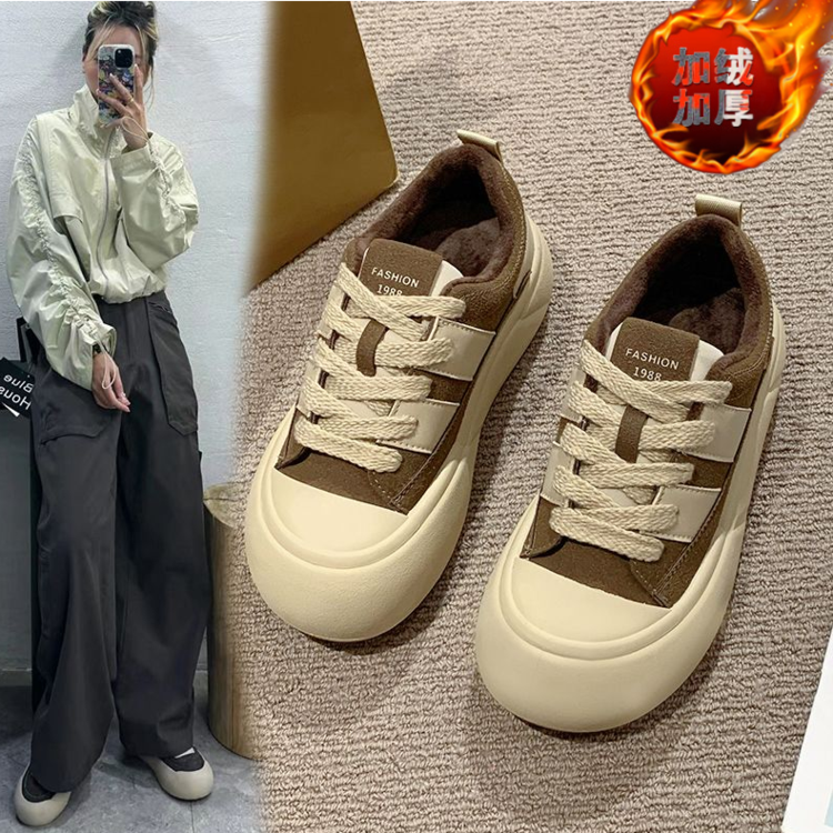 红蜻蜓牌面包鞋女2023秋冬加绒二棉厚底小白鞋德训鞋学生运动板鞋