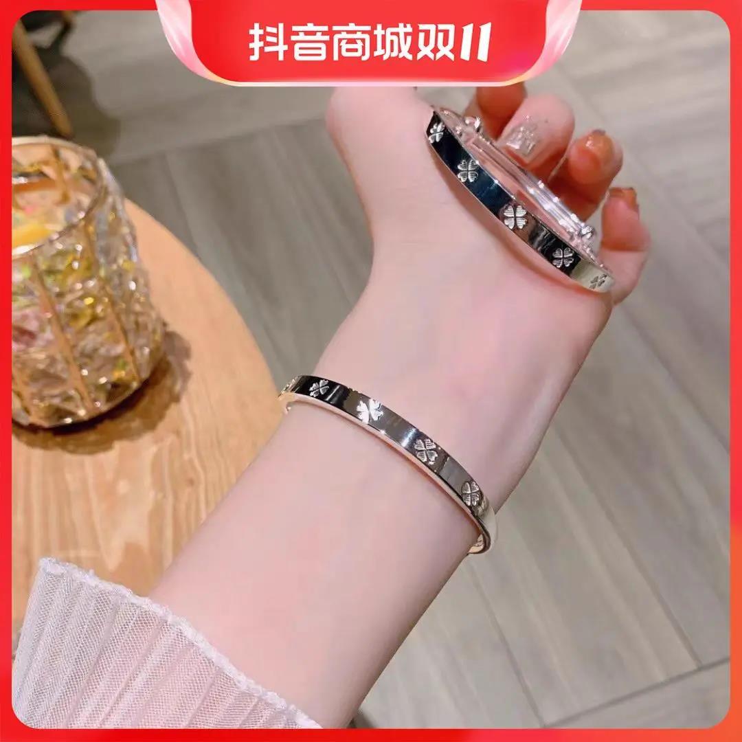 足银手镯   正品9999纯银手镯甜美款设计四叶草足银镯子送闺蜜女