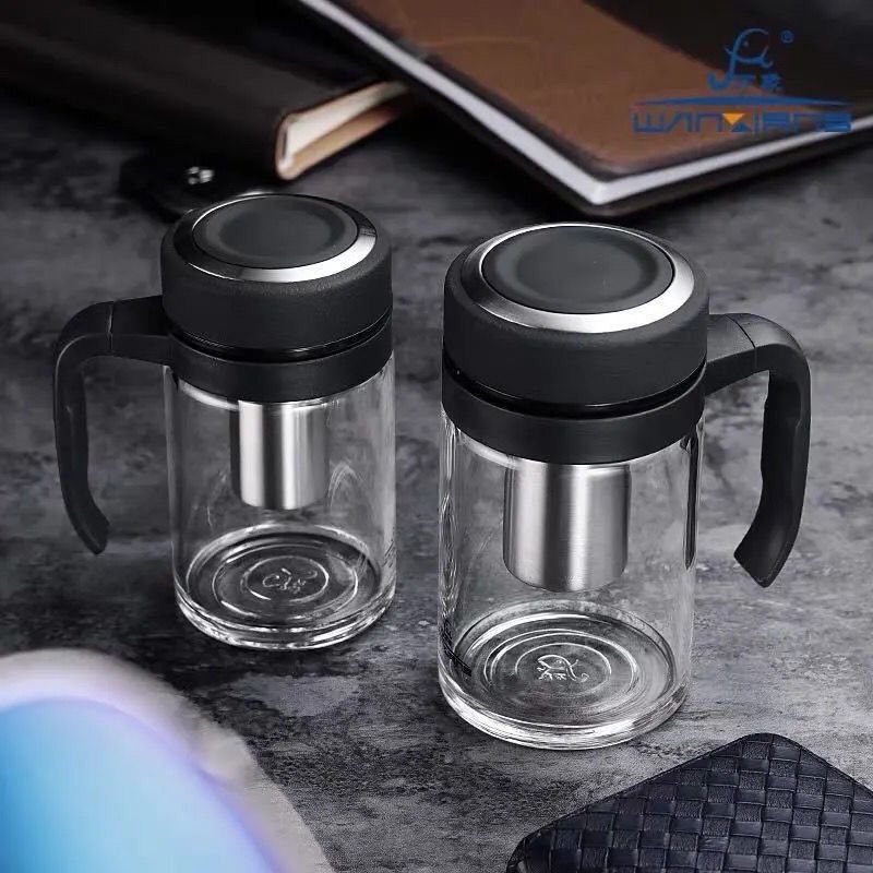 万象单层玻璃杯带手柄办公室泡茶杯双层带把手水杯正品U211皮纹盖