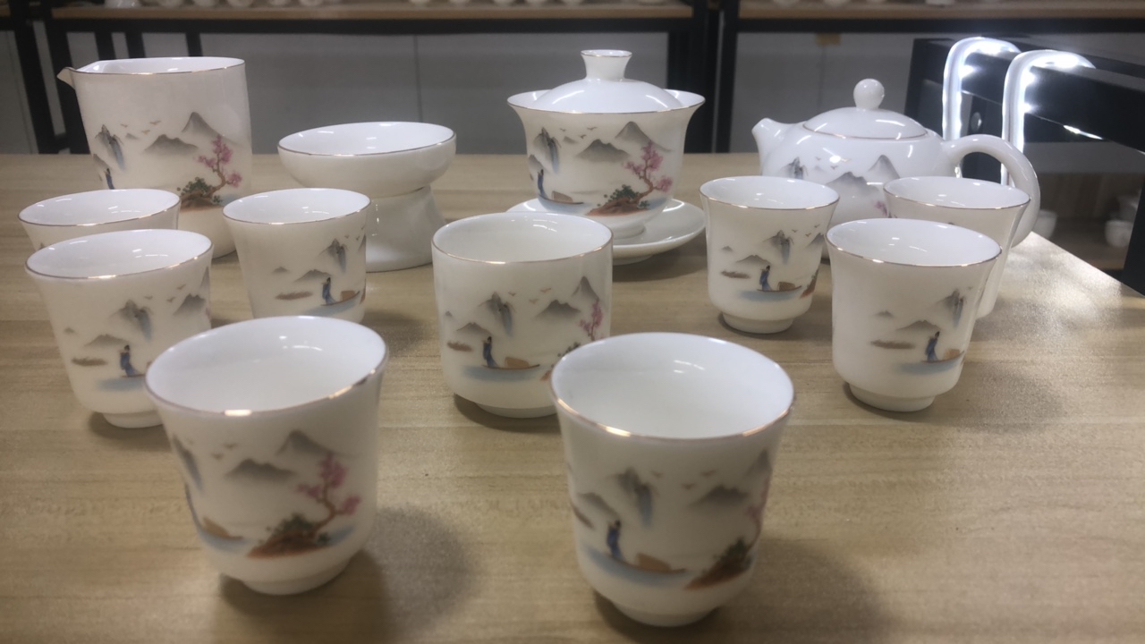 江山美人14件套羊脂玉瓷茶具套组
