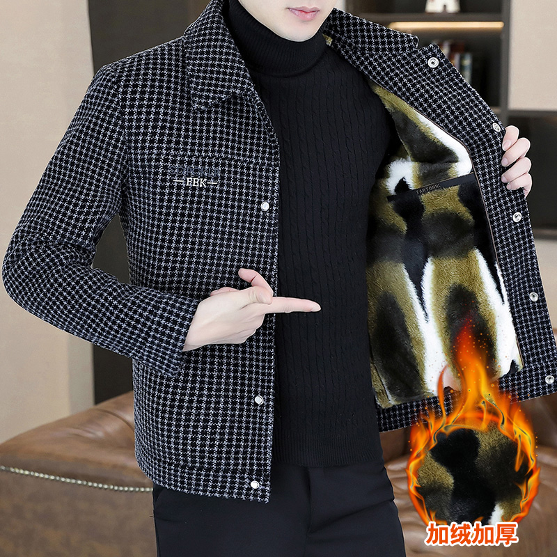 韩版修身毛呢加绒加厚新秋冬季男士潮流高品质休闲夹克短外套休闲