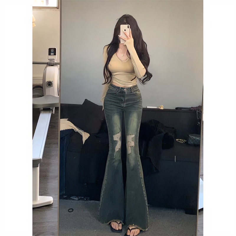 复古毛边破洞微喇牛仔裤女2025秋季新款高腰显瘦显高鱼尾喇叭裤