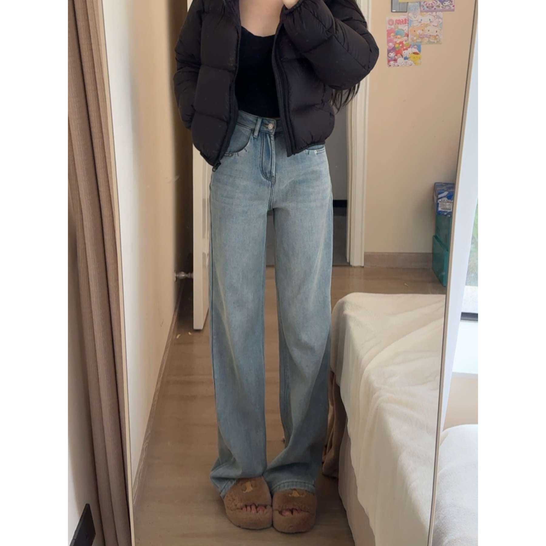 软乎乎浅蓝直筒阔腿牛仔裤女2025秋季小个子高腰显瘦宽松直筒长裤