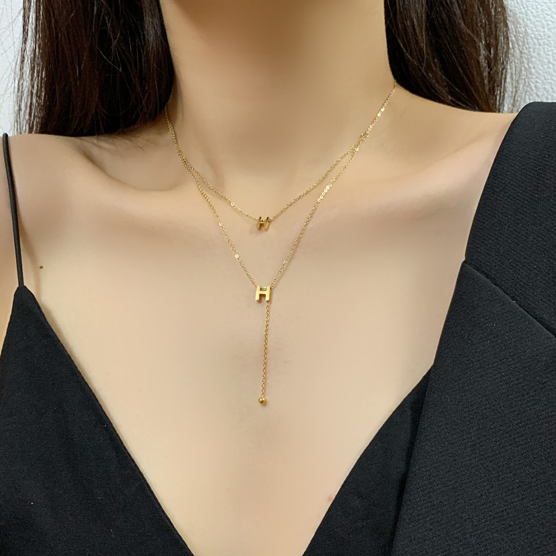 AIYO  双层H女不掉色爆款新款个性网红百搭简约锁骨链时尚轻奢