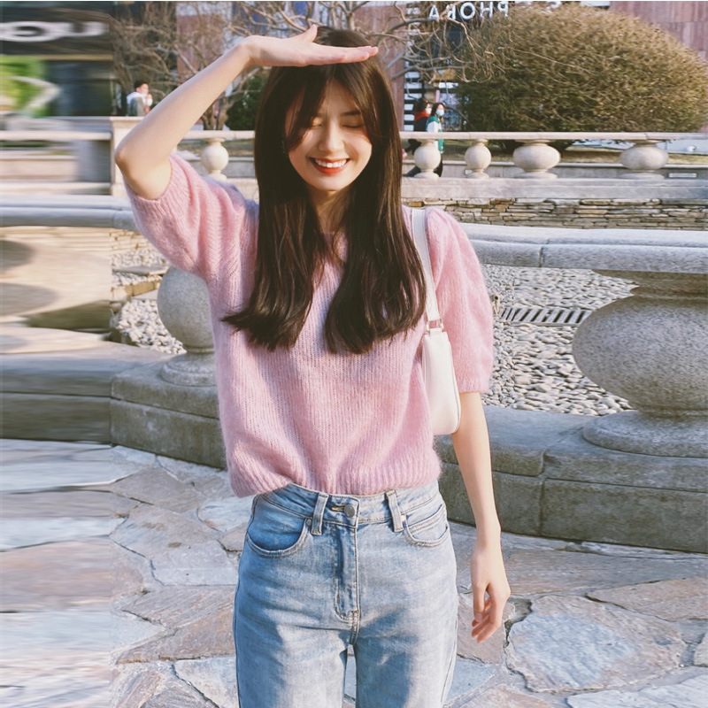 NZJ05216法式粉色针织衫女春季新款薄款甜美短袖气质灯笼袖温柔系