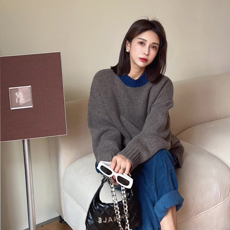 QXX0240312高端新款小香风茶系穿搭宽松温柔针织衫女装时尚百搭圆