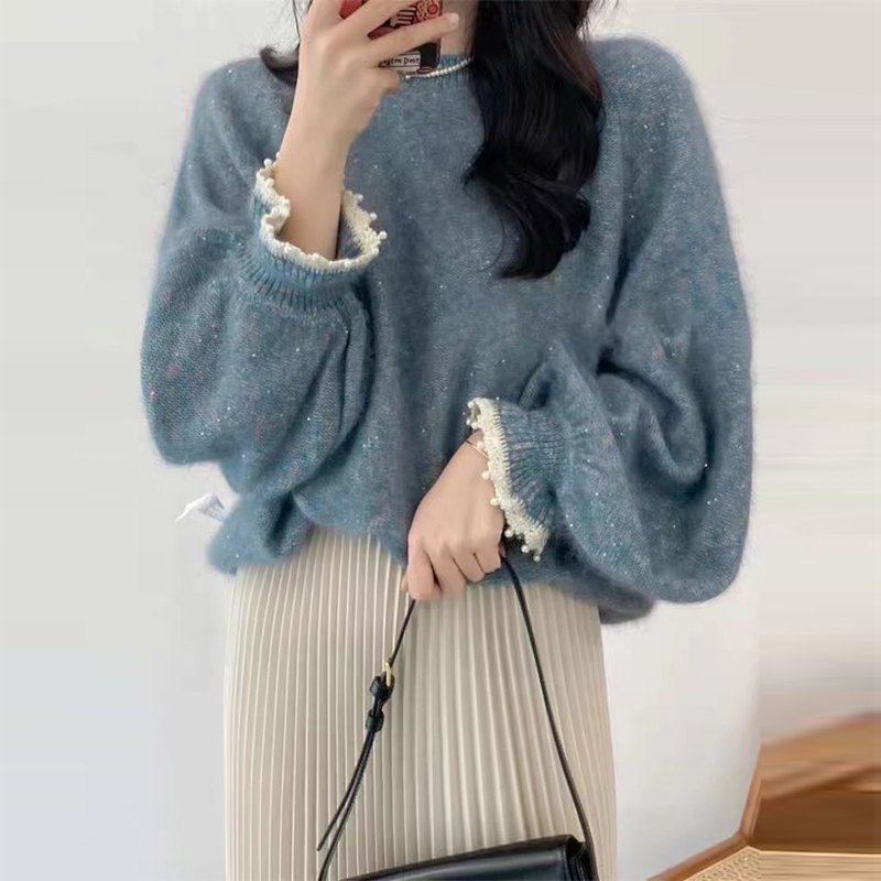 D190406欧洲站加厚女潮韩版甜美烫钻袖口钉珠圆领高配浣熊绒毛衣