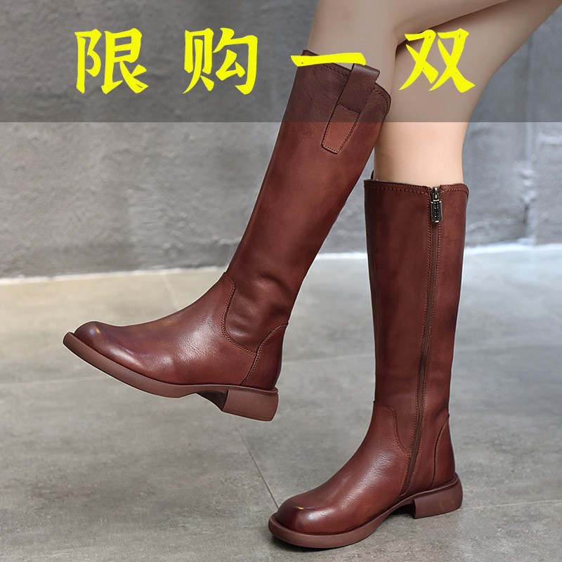 百丽纯爱19长靴平跟高端全真皮高筒靴子女靴2023新款头层牛皮中