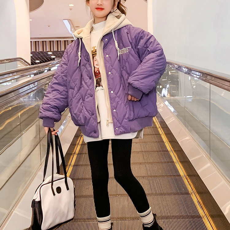 女童秋冬百搭假两件外套中大童女孩字母连帽棒球服加棉加厚棉服潮