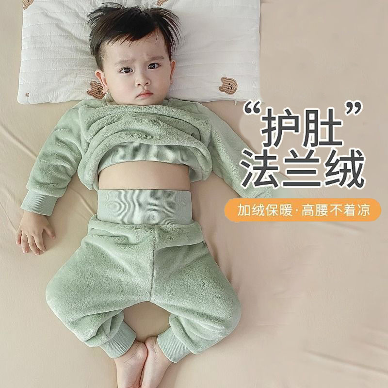 秋冬款婴儿法兰绒宝宝睡衣套装宝宝加绒加厚保暖冬季珊瑚绒衣服