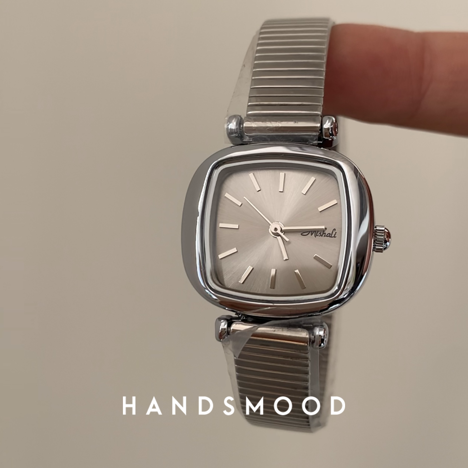 handsmood 银灰色方形小表盘竹节带简约时尚气质通勤女士手表