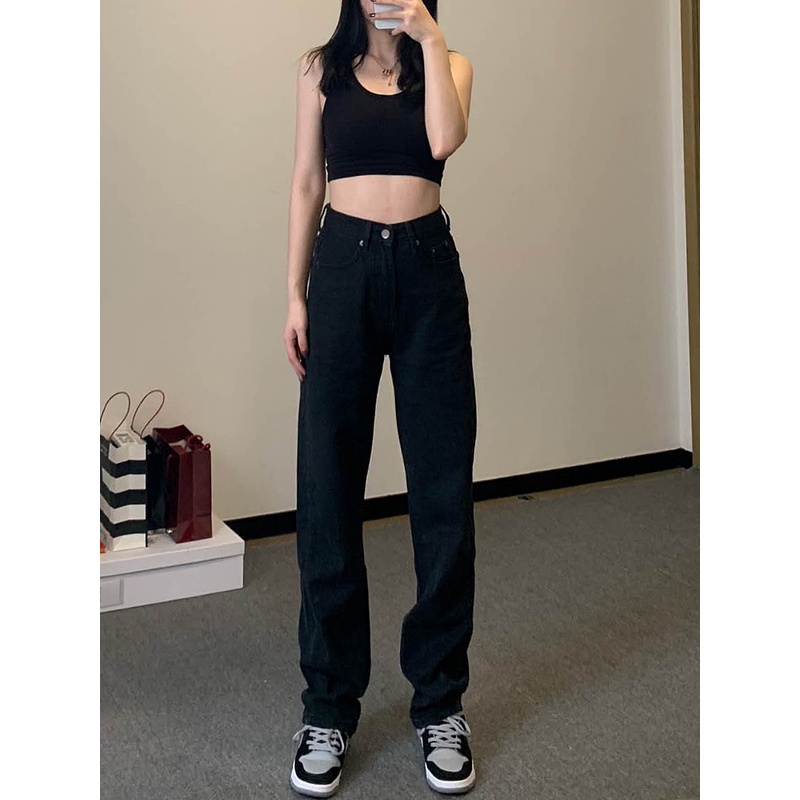 新款高腰显瘦显高弹力黑色直筒牛仔裤女170高个子窄版阔腿拖地裤