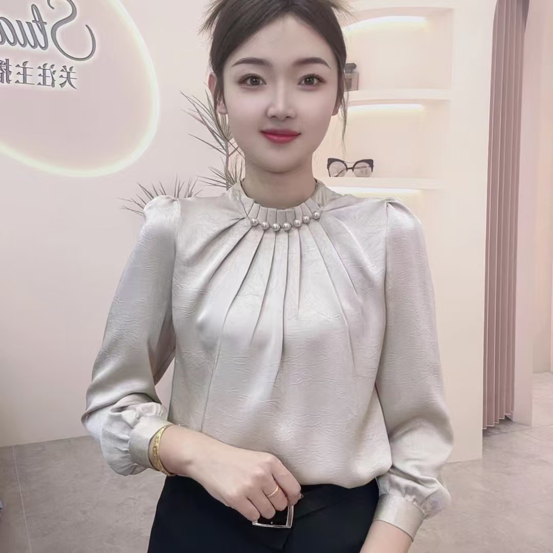春秋款新款时尚百搭洋气显瘦气质减龄女士设计感手工串珠长袖衬衫