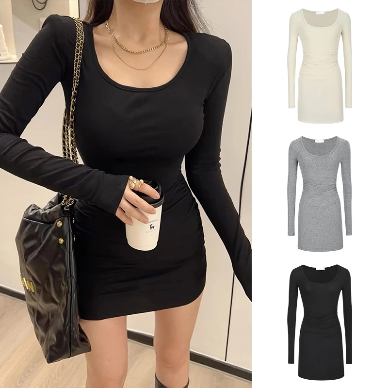 2024秋季新款韩版性感显瘦纯欲风u领连衣裙褶皱设计感包臀裙短裙