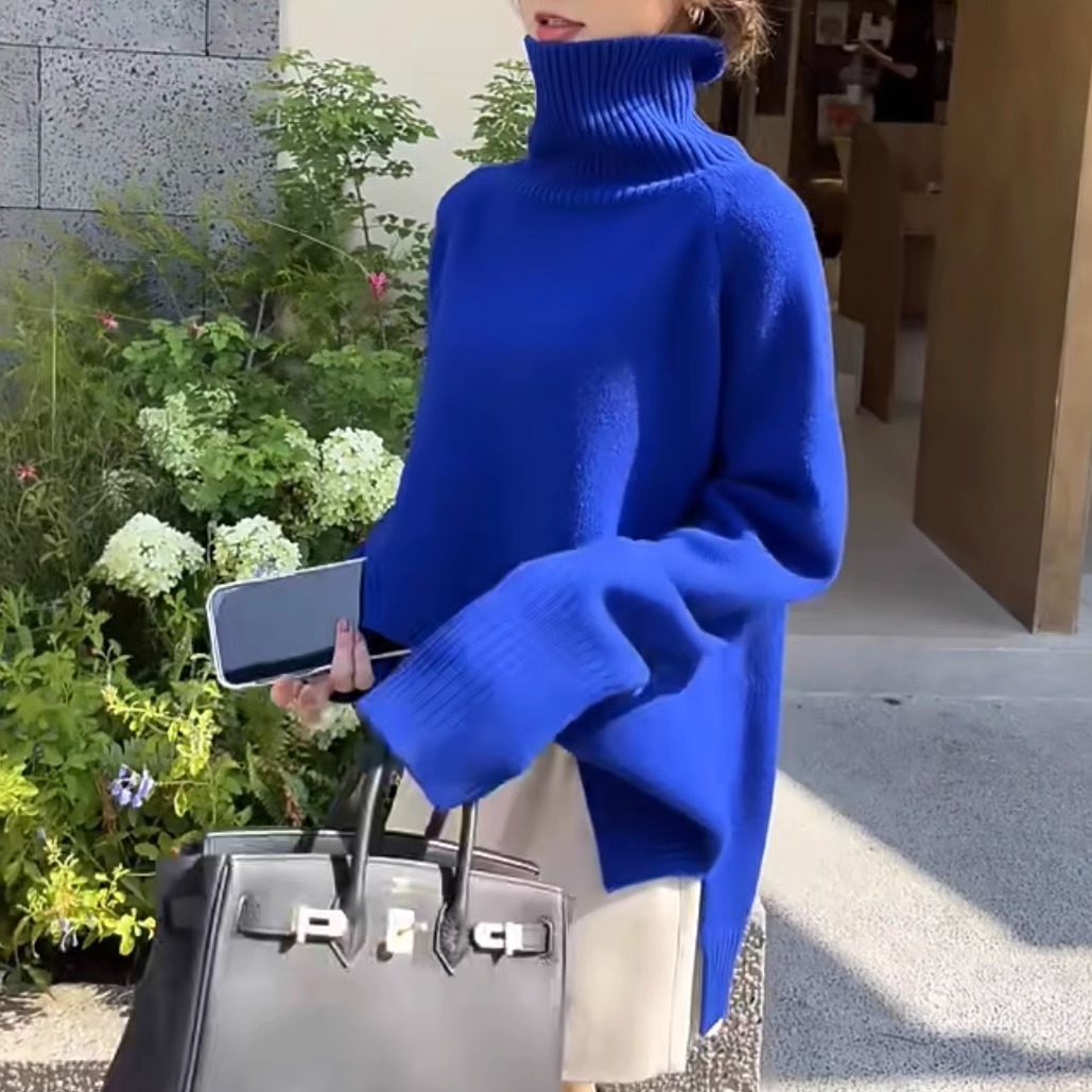 新款开叉设计感高领毛衣女套头慵懒风配大衣打底针织衫秋冬百搭潮