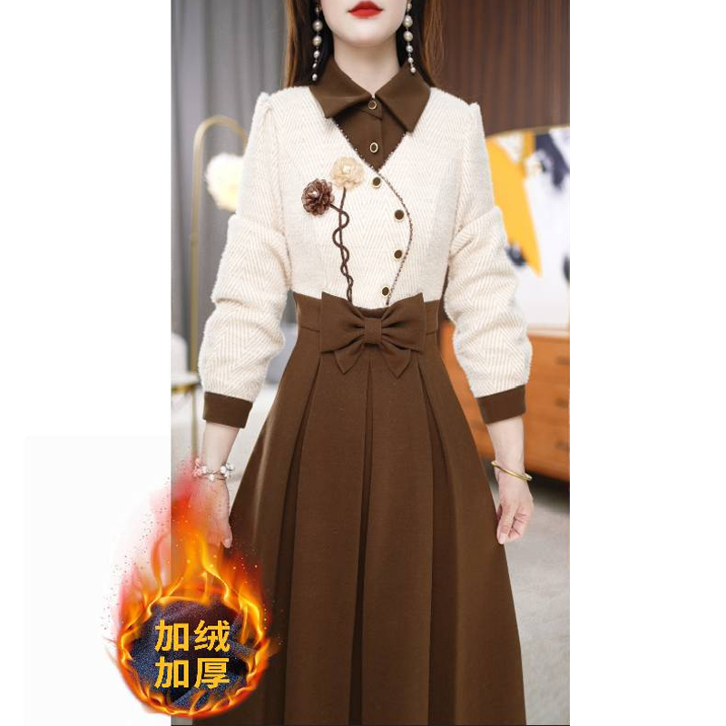 【连衣裙】冬季小翻领显瘦收腰时尚拼接连衣裙M-4XL