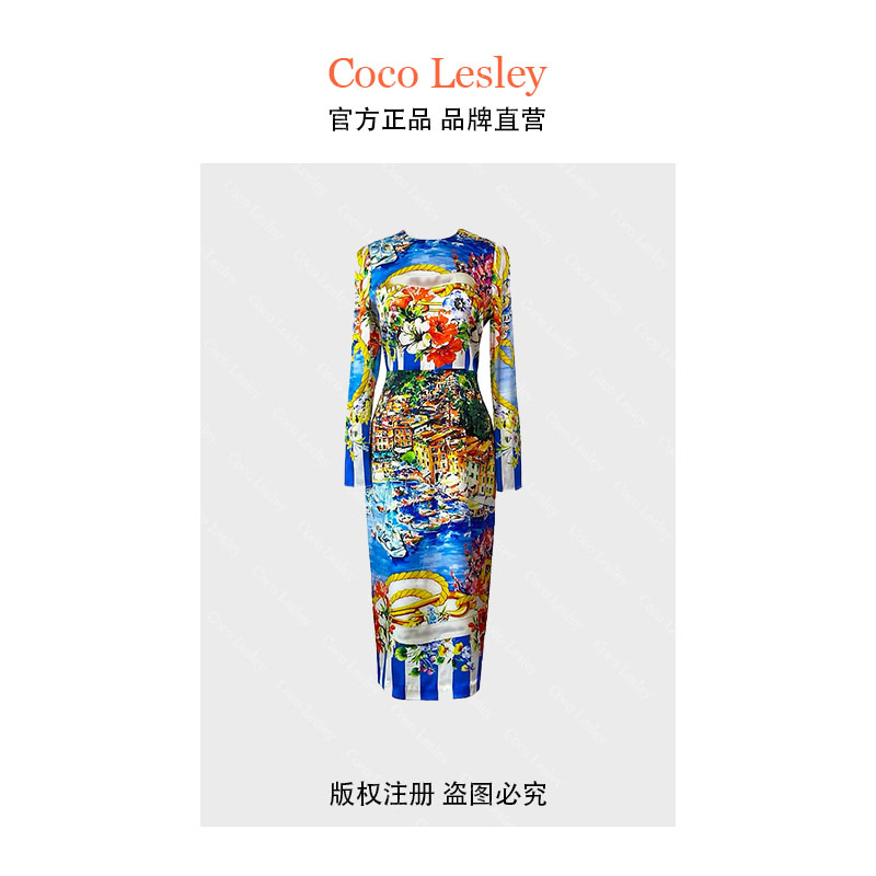 （门店 12521）M欧美风定位条纹风景修身包臀连衣裙高腰圆领长袖裙