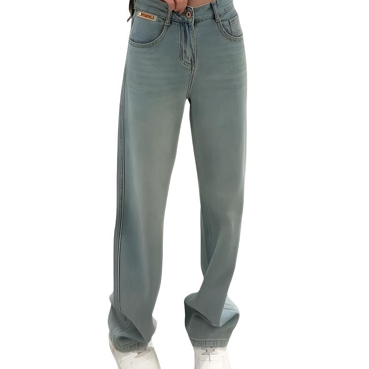 春游出行衣服牛仔裤设计感高腰直筒时尚牛仔裤显瘦百搭复古拖地裤