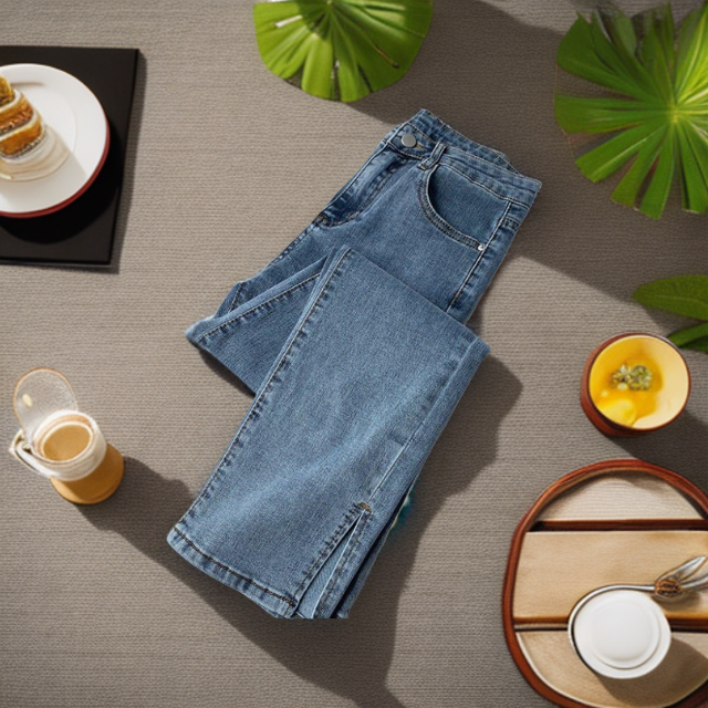 八分矮小个子开叉牛仔裤女潮流百搭高腰弹力裤子宽松显瘦烟管裤子