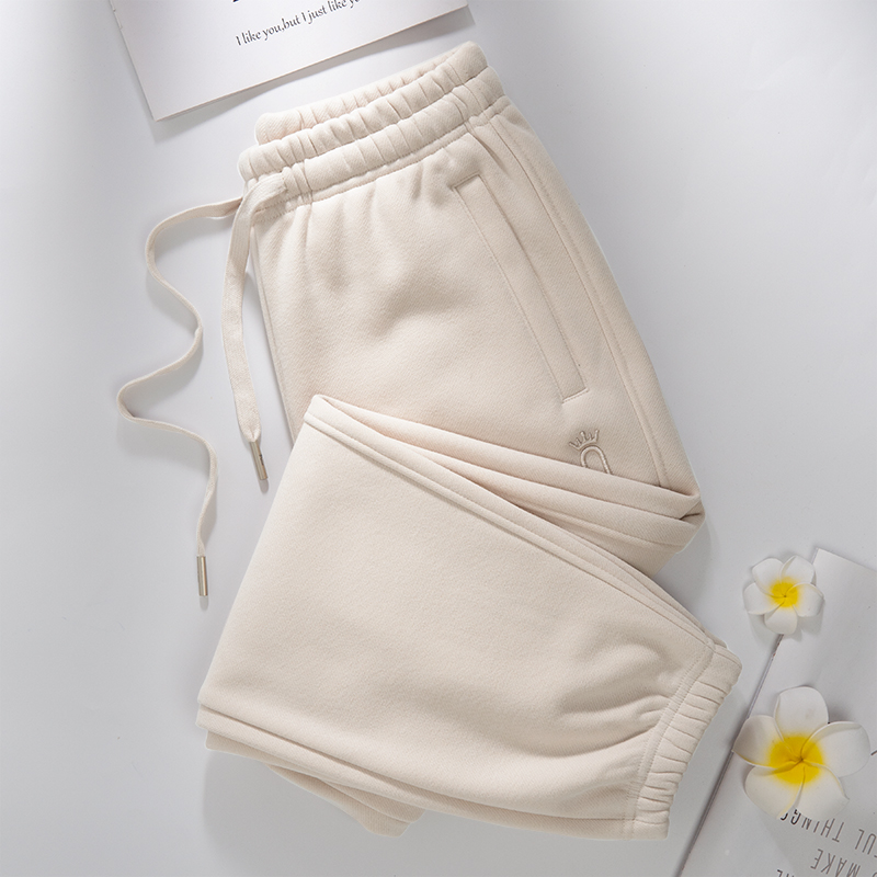 高级燕麦色九分裤小个子卫裤女运动裤高腰休闲束脚加绒加厚秋冬款