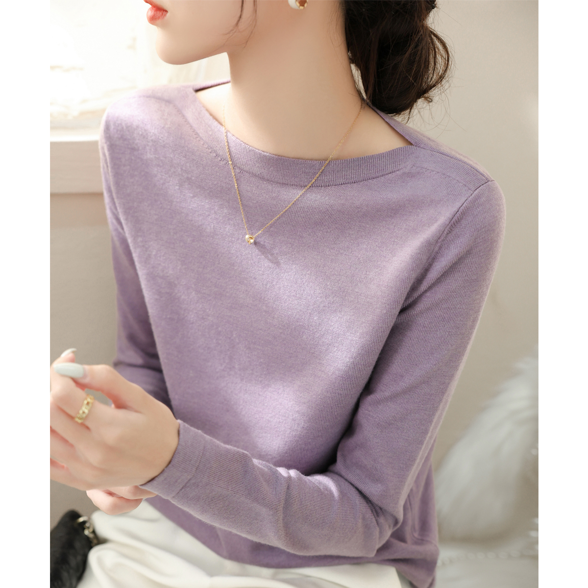 秋冬季一字领肩修身长袖打底衫女装新款设计感内搭显瘦针织衫上衣