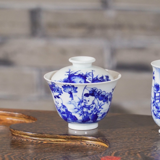 景德镇见燃柴窑 纯手工手绘 童子婴戏图 陶瓷小盖碗