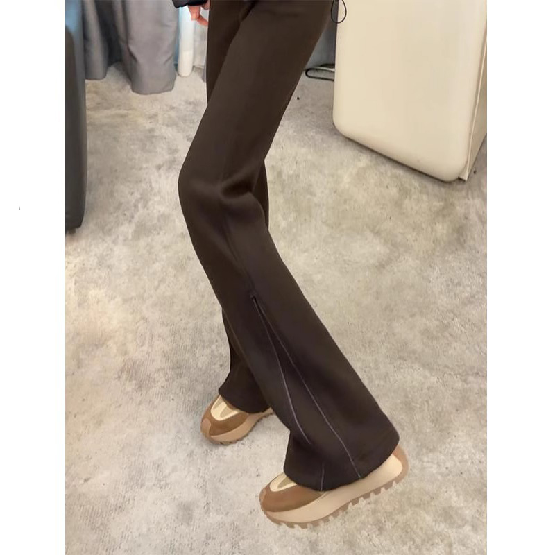 艾格丽芙琳加厚加绒两穿微喇裤女秋冬修身显瘦高腰直筒休闲超模裤