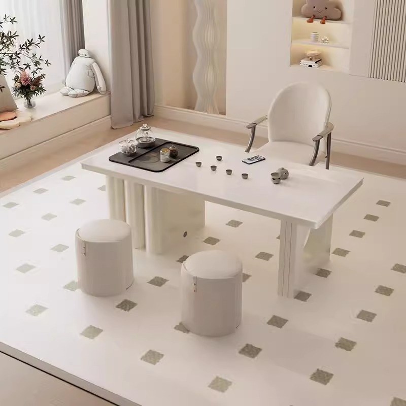  奶油风岩板茶桌椅组合轻奢简约高级感美容院办公室客厅泡茶台