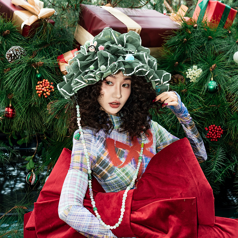 芽小七原创圣诞树渔夫帽四季旅游遮阳防晒帽圆顶宽檐小众设计