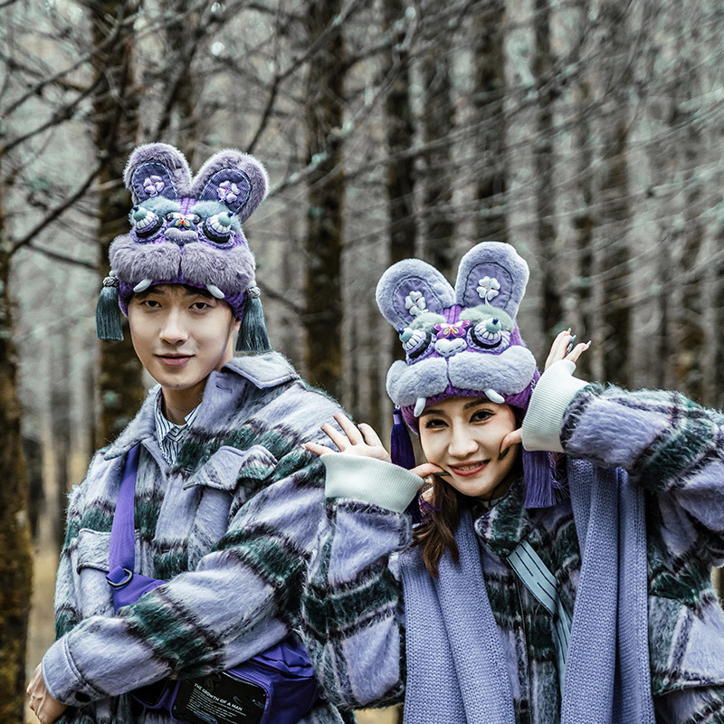 芽小七原创设计紫薄汗兔子毛线帽手工针织成品冬季东北保暖情侣款