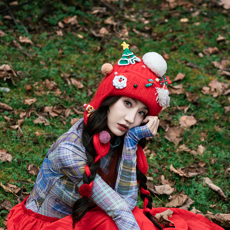 芽小七原创成品红色圣诞节毛线帽冬季东北保暖针织帽新款情侣百搭