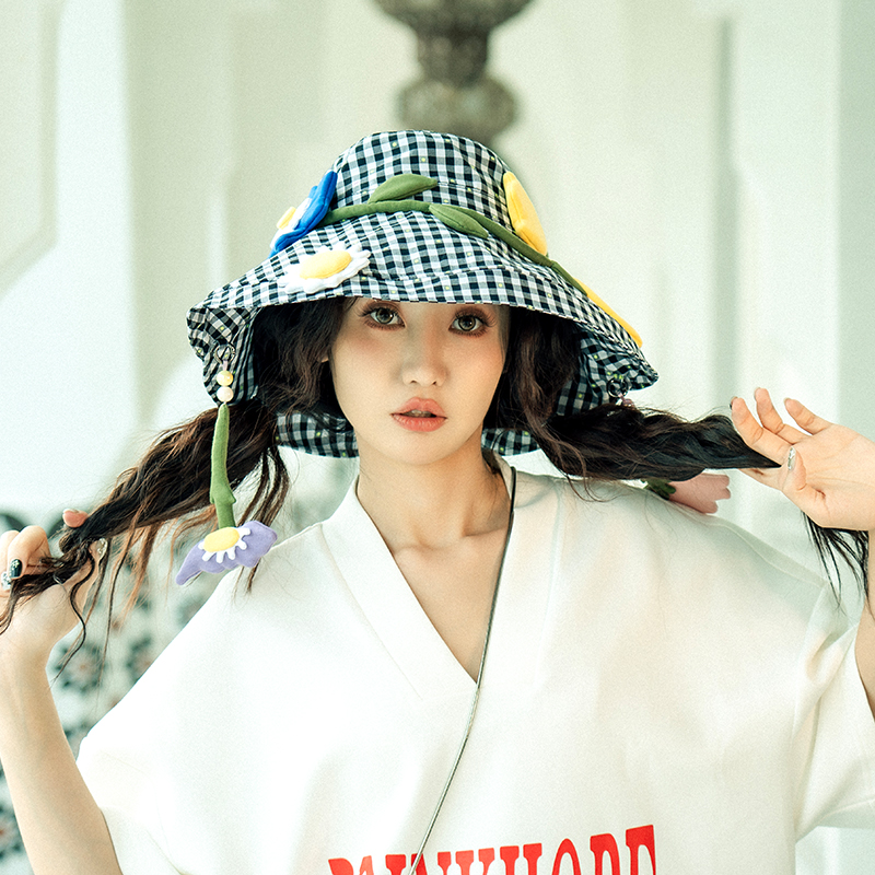 芽小七原创手工花可爱黑百格渔夫帽四季款出游遮阳圆顶宽檐夏情侣