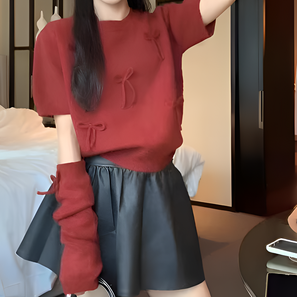 韩系2025秋冬季甜美立体蝴蝶结针织圆领套头纯色泡泡袖配袖套毛衣