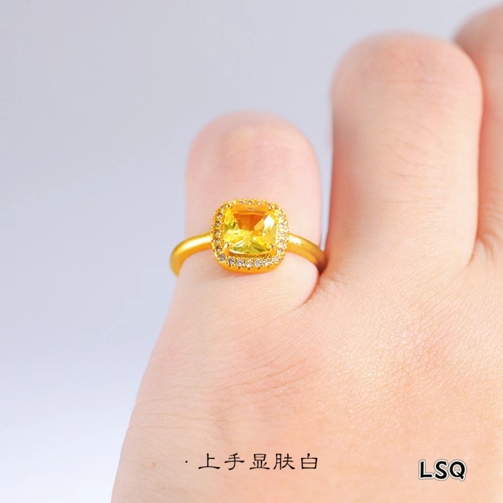 铜合金合成锆石戒指 SQ思岐饰品-2024新品-大号方糖黄锆戒指3943