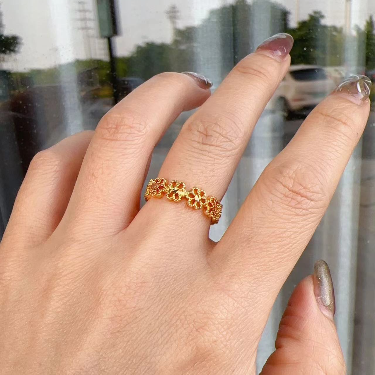 铜合金戒指 SQ思岐-新中式蕾丝镂空桃花戒指4431