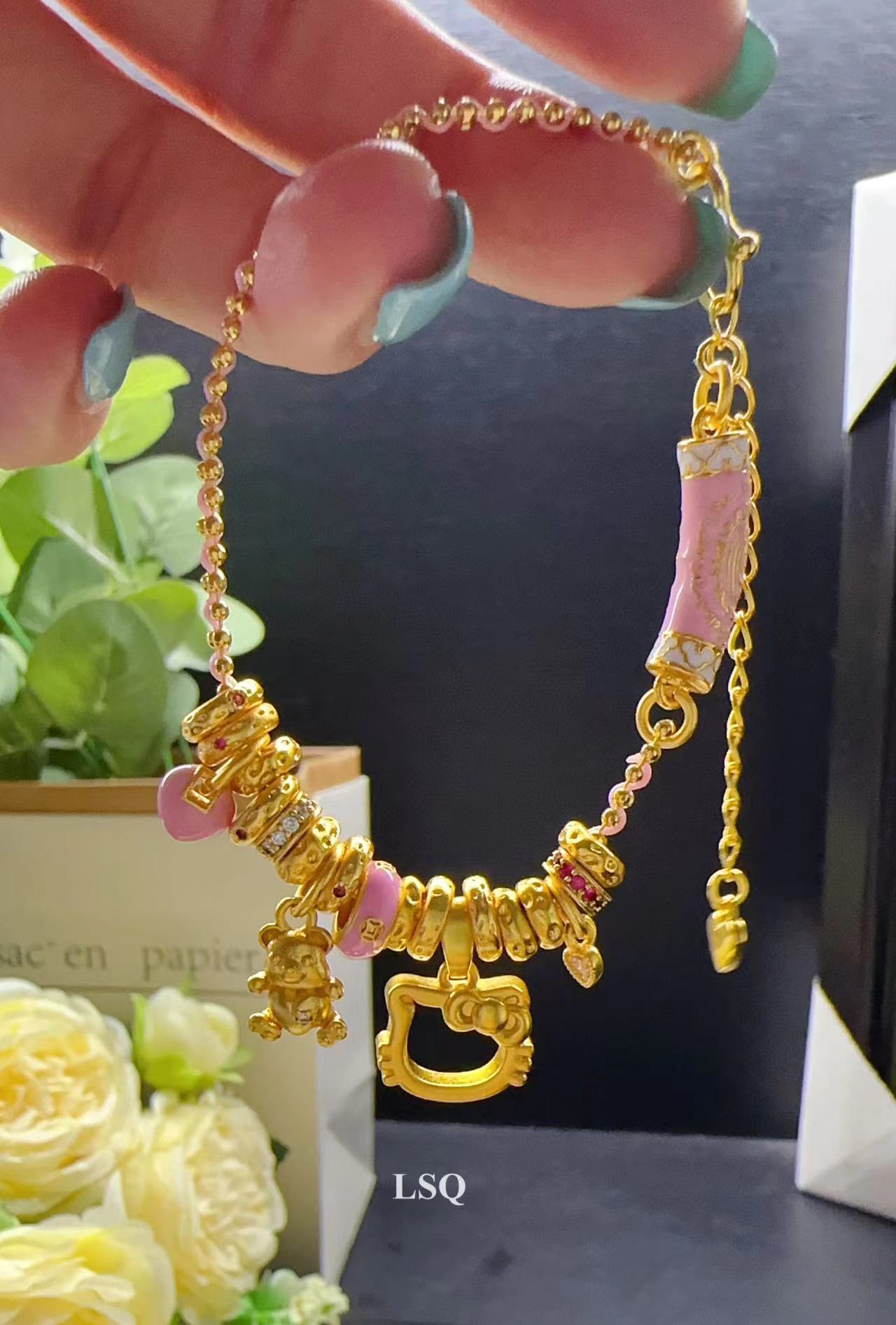 铜合金合成锆石手链 SQ思岐-新中式KT猫小熊设计款点锆手链4961