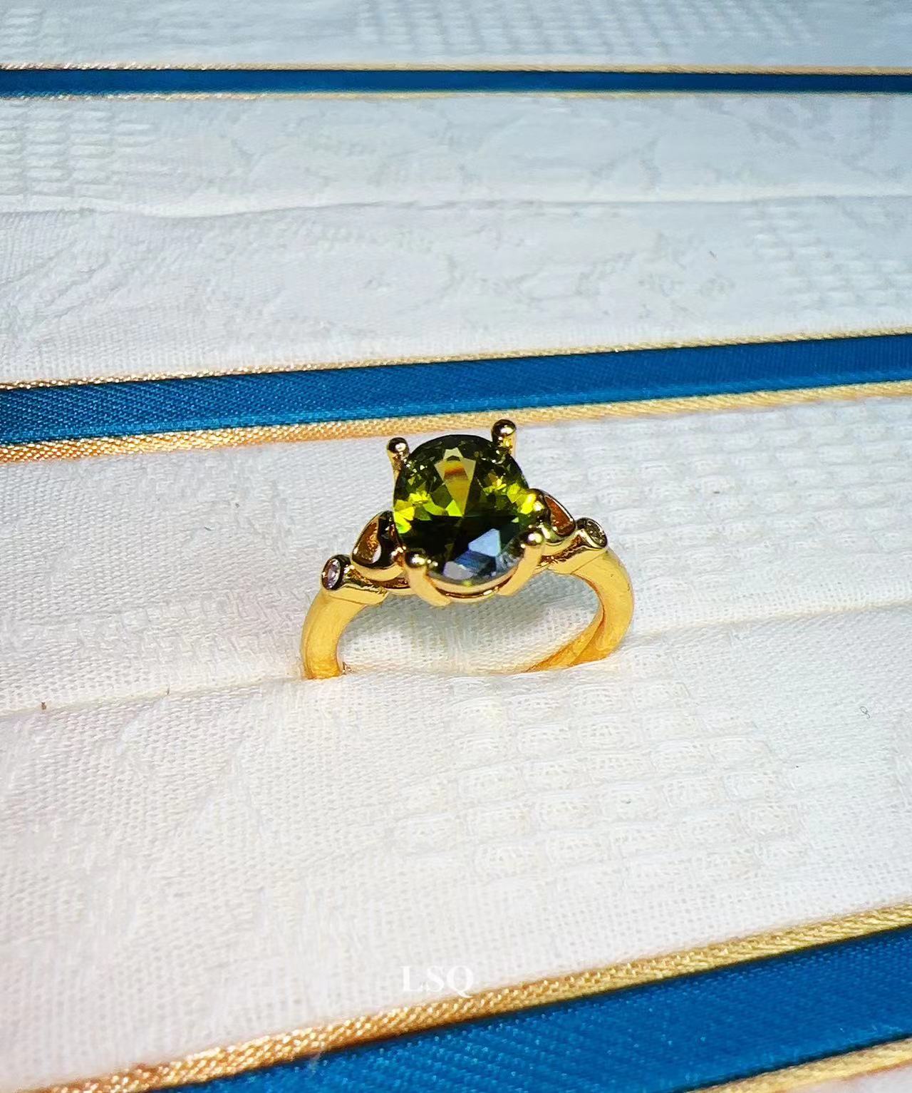 铜合金合成锆石戒指 SQ思岐-新中式绿色镶锆石轻奢戒指4147