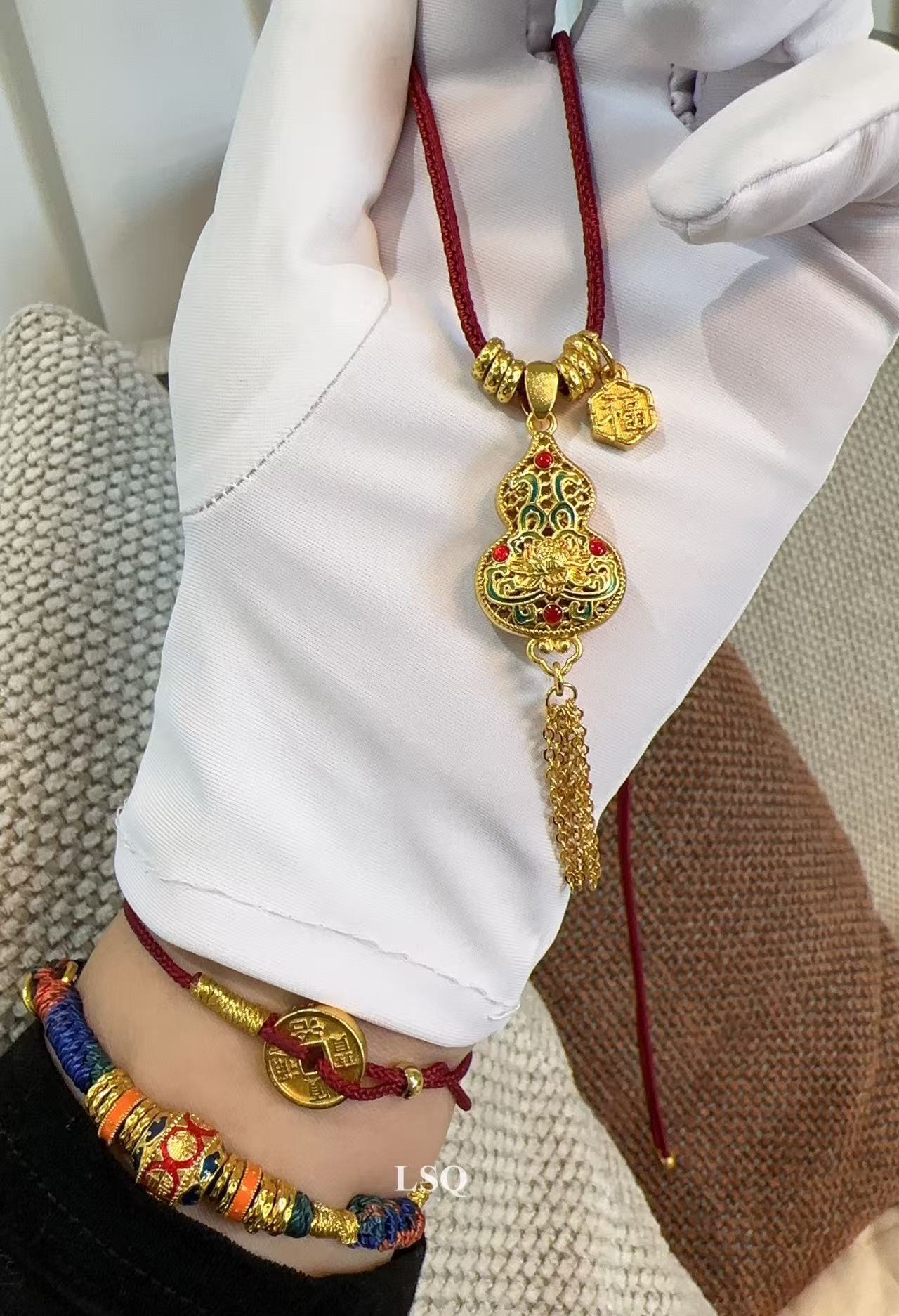 铜合金布艺项链 SQ新中式24秋冬-花丝流苏福禄生链葫芦项链5145