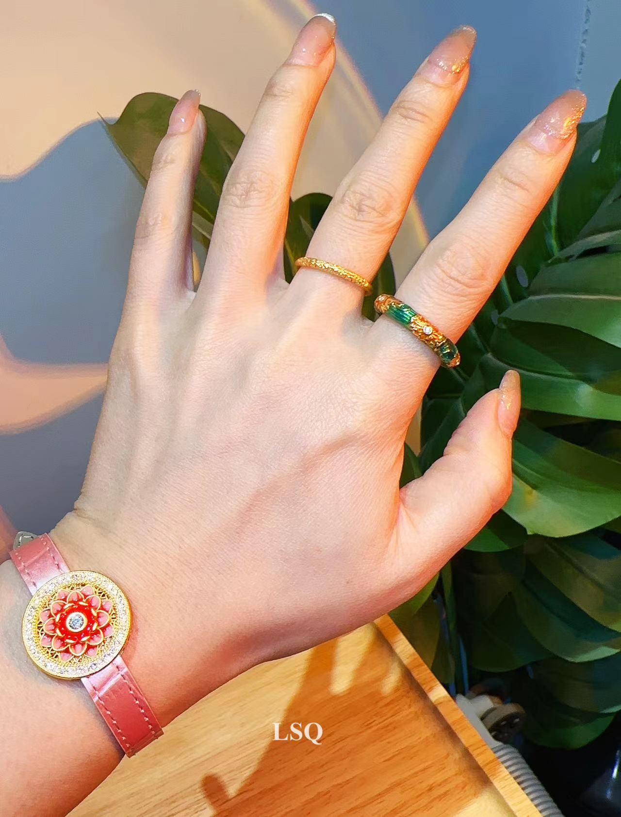 铜合金合成锆石戒指 SQ思岐-新中式古法向日葵珐琅彩戒指4252