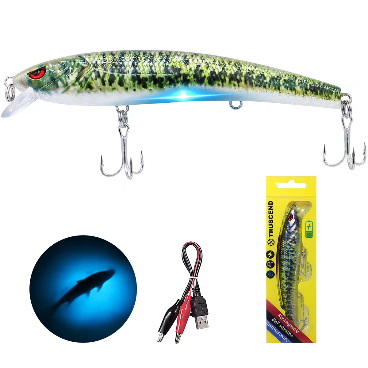 TRUSCEND电动鱼饵夜光电子米诺路亚饵充电LED灯振动路亚饵新能源