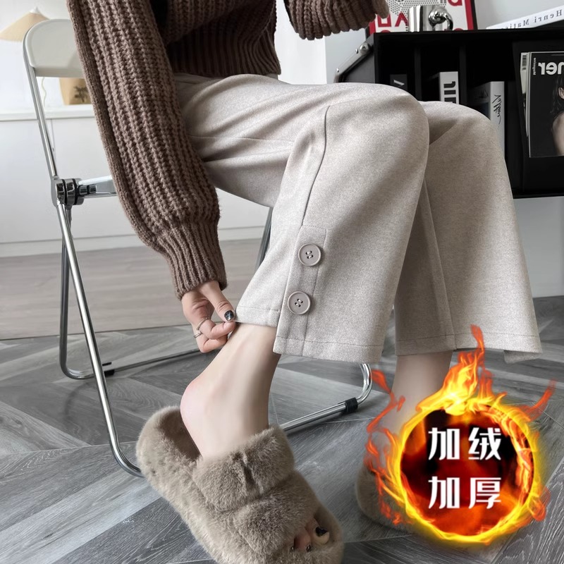 酷林森琪卡其色加绒裤子女冬季2023新款加厚直筒西装裤九分阔腿裤