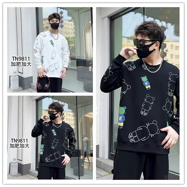 大码男士时尚小熊涂鸦弹力潮流百搭秋季宽松休闲卫衣9811新款