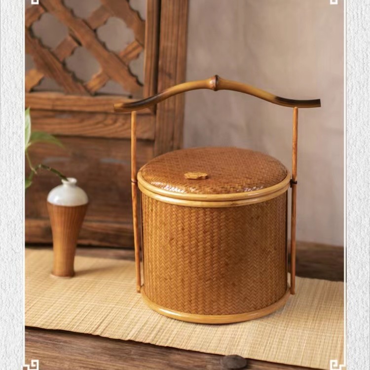日式筇竹手工竹编仿古手提茶盘长方形圆形大号水果盘茶点盘收纳盒