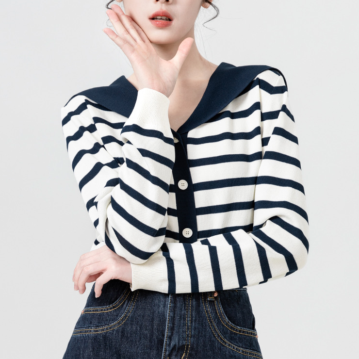 A04-海军领长袖针织开衫女秋季2025新款设计感撞色薄款毛衣短上衣