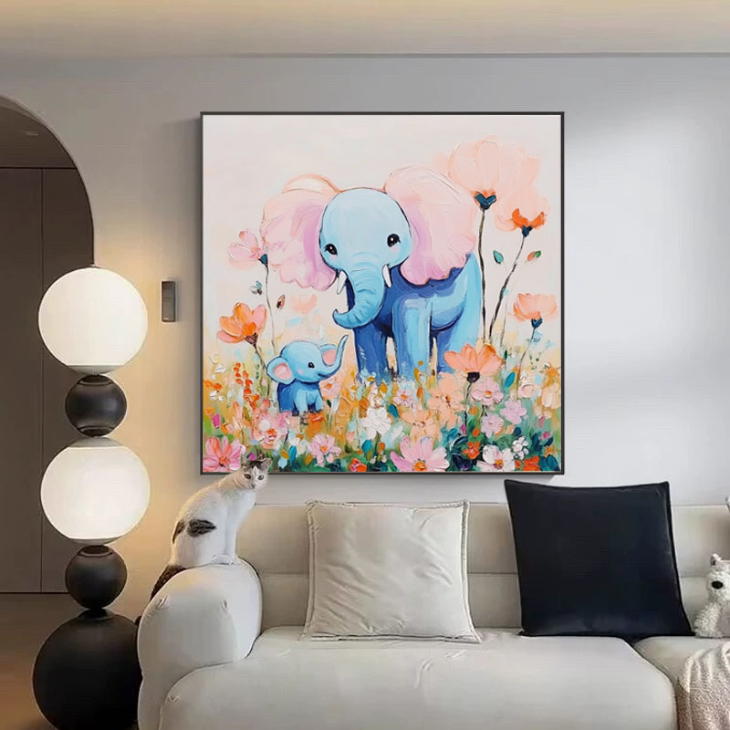 手绘油画卡通温馨餐厅装饰画儿童房挂画大象小孩卧室床头画奶油风