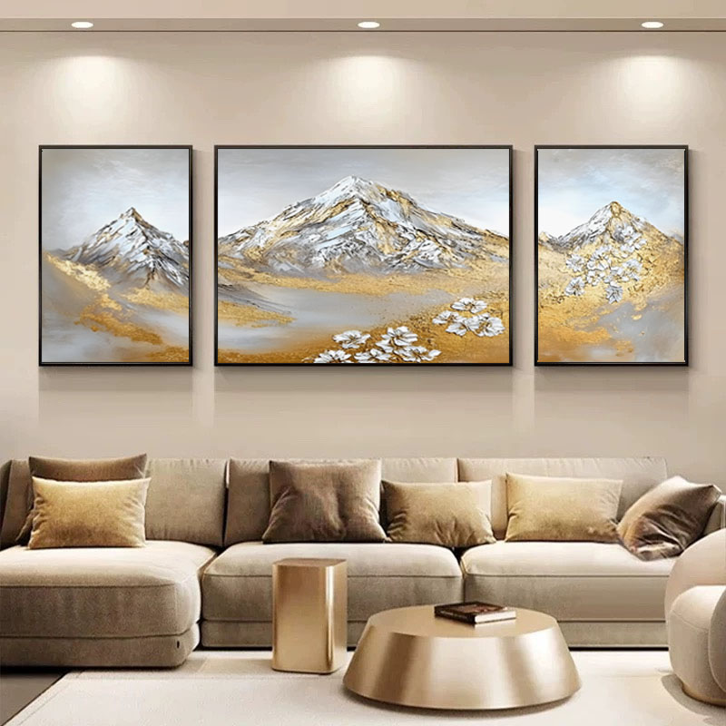 日照金山轻奢客厅装饰画大芬村纯手绘油画高档沙发背景墙三联挂画